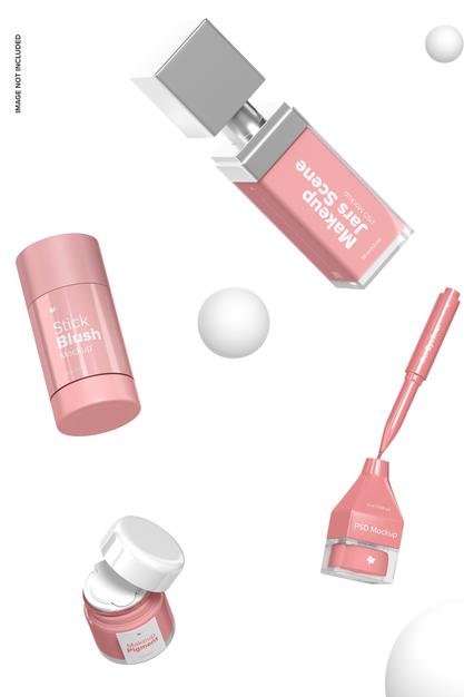 Free Makeup Jars Scene Mockup, Falling Psd