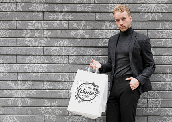 Free Male In Black Suit With Shopping Bags Psd