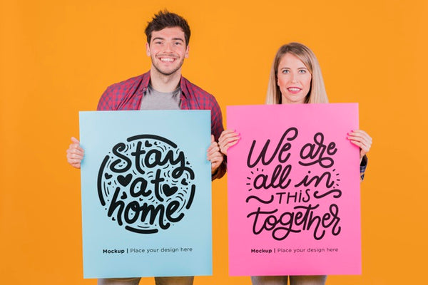 Free Man And Woman Holding A Sign Concept Mock-Up Psd