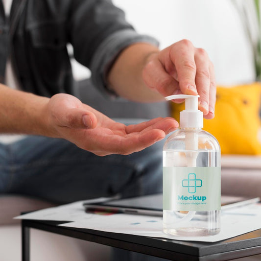 Free Man At Home Using Mock-Up Disinfectant Psd