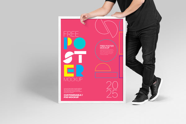 Free Man Holding Poster Mockup