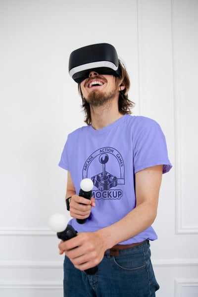 Free Man Playing Video Games At Home With Vr Headset Psd