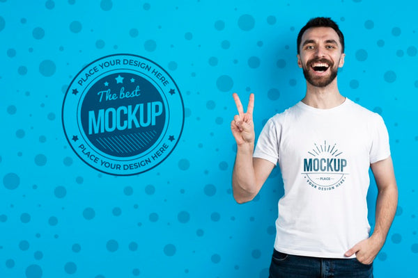 Free Man Showing Mock-Up Shirt Peace Sign Psd