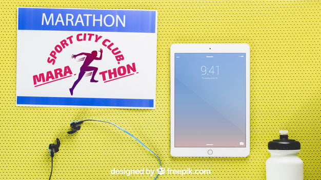 Free Marathon Mockup With Tablet Psd