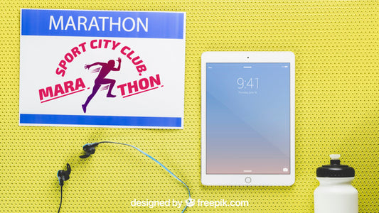 Free Marathon Mockup With Tablet Psd