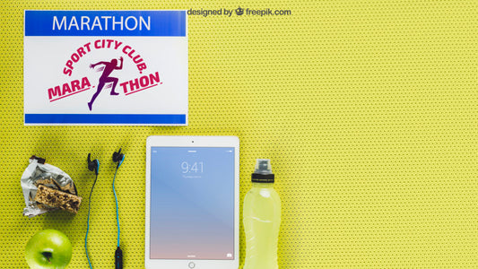 Free Marathon Mockup With Tablet Psd