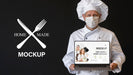 Free Medium Shot Chef With Mask Holding Laptop Psd