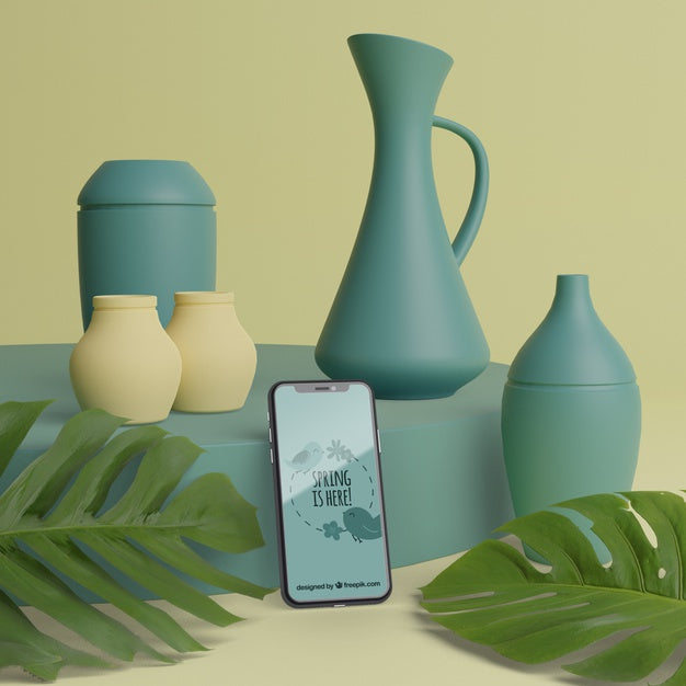 Free Mock-Up 3D Vases For Flowers With Phone Psd