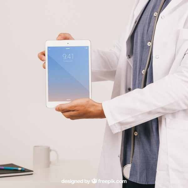 Free Mock Up Design With Doctor, Office Desk And Tablet Psd