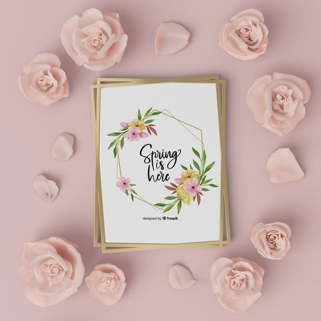 Free Mock-Up Floral Frame With Hello Spring Card Psd
