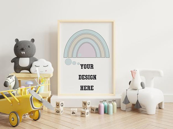 Free Mock Up Poster Frame In Children Room, 3D Rendering Psd