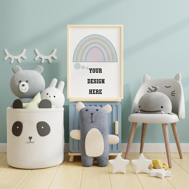Free Mock Up Poster Frame In Children Room,Kids Room,Nursery Mockup,3D Rendering Psd