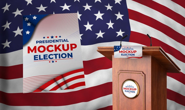 Free Mock-Up Presidential Election Podium For United States With Flag And Poster Psd