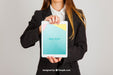 Free Mockup Concept Of Business Woman Holding Tablet Vertical Psd
