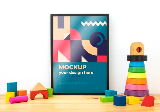 Free Mockup Frame On Desk With Toys Blocks Psd
