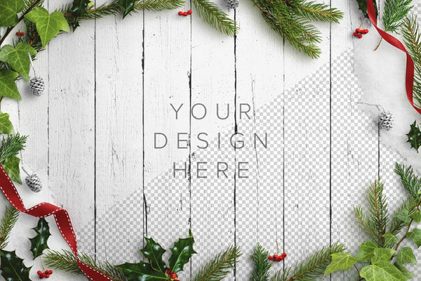Free Mockup Nature Winter Scene With Fir Tree, Holly, Pinecones And Ribbons Psd