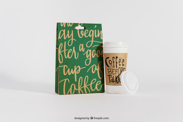 Free Mockup Of Coffee Cup Next To Bag Psd