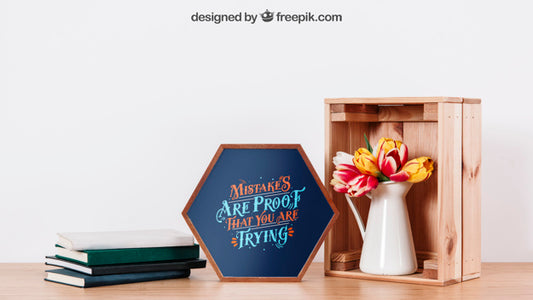 Free Mockup Of Frame On Desk With Books And Plant Psd
