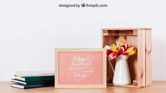 Free Mockup Of Frame With Books And Box Psd