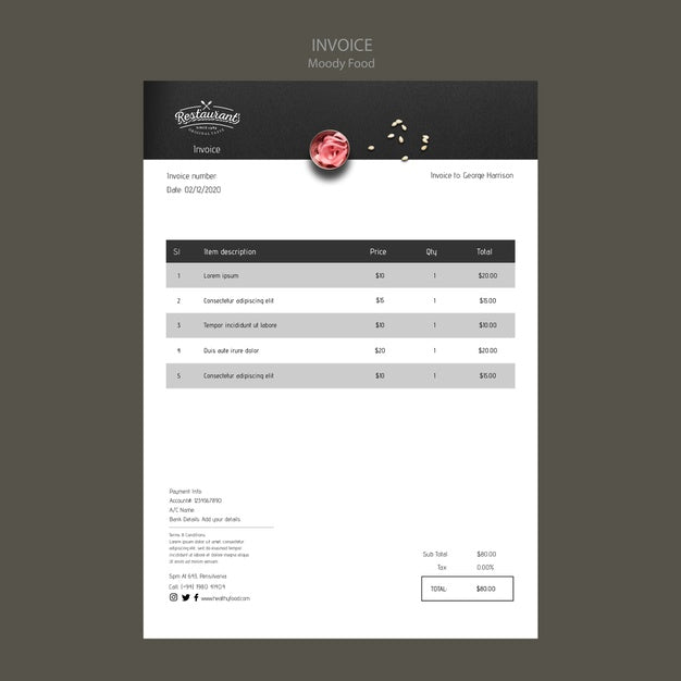 Free Moody Food Restaurant Invoice Concept Mock-Up Psd