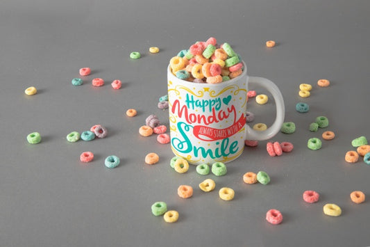 Free Mug Mockup With Colorful Cereals Psd