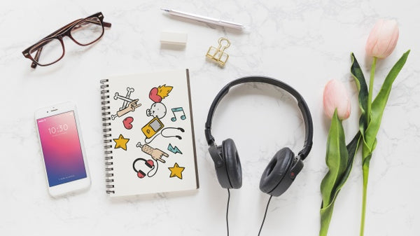 Free Music Mockup With Headphones Smartphone And Notebook Psd