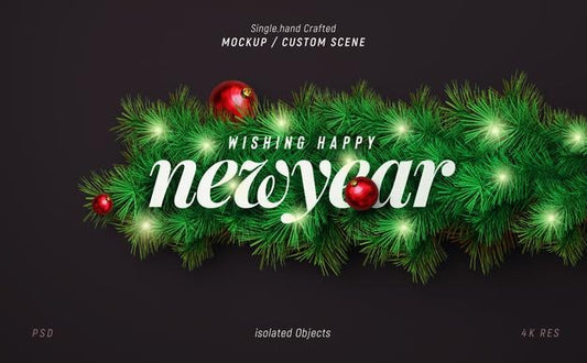 Free New Year Background Mockup With Decorative Christmas Tree Branches For Promotion Poster Or Banner Psd