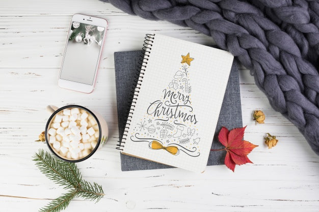 Free Notebook Mockup With Christmas Decoration Psd