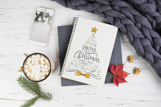 Free Notebook Mockup With Christmas Decoration Psd