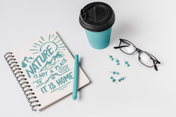 Free Notebook Mockup With Take Away Coffee Cup Psd