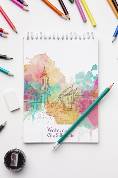 Free Notebook With Crayons Psd