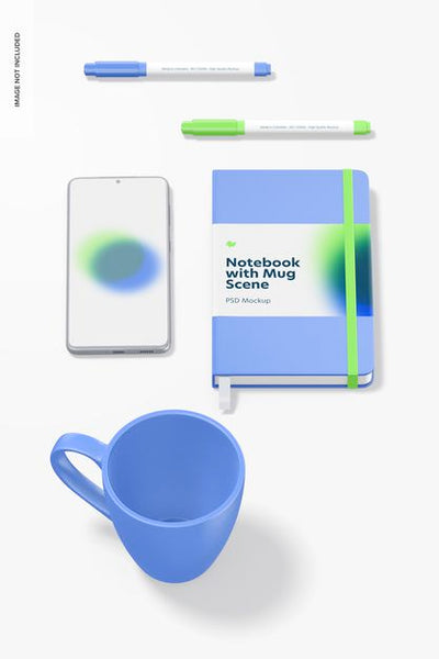 Free Notebook With Mug Mockup, Perspective Psd