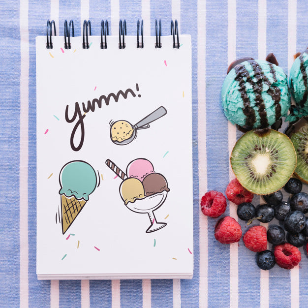 Free Notepad Mockup With Ice Cream And Fruits Psd