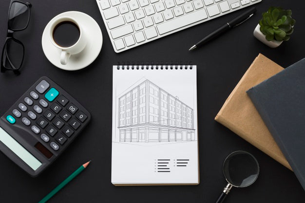 Free Office Desk With Calculator, Coffee And Notebook Mock-Up Psd