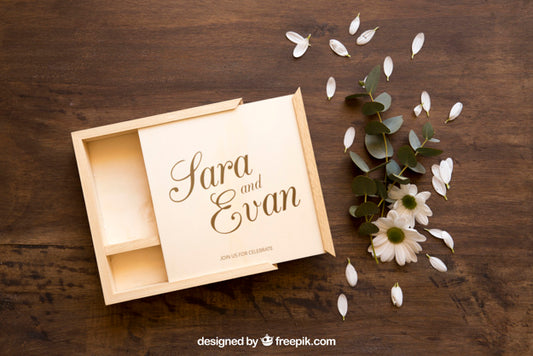 Free Open Wooden Box Mockup And Flowers Psd