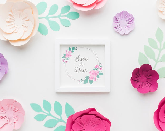 Free Paper Flowes With Wedding Frame Mock-Up Psd
