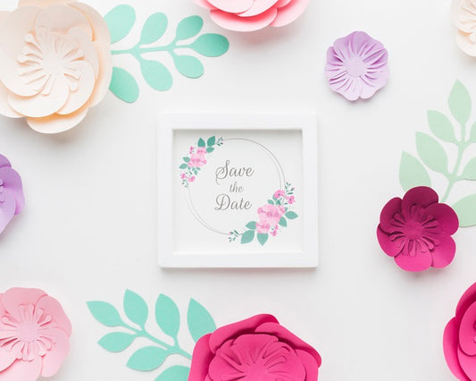 Free Paper Flowes With Wedding Frame Mock-Up Psd