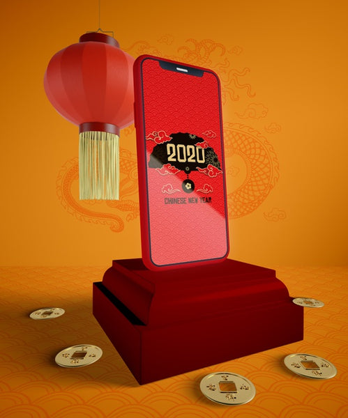 Free Phone Mock-Up With Golden Coins For Chinese New Year Psd