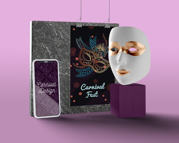 Free Phone With Carnival Design Beside Mask Psd