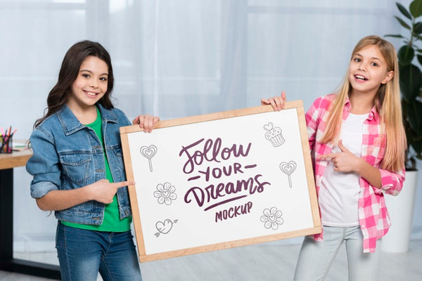 Free Positive Children Holding Mock-Up Sign Psd