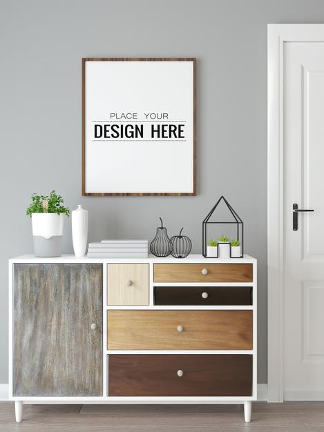 Free Poster Frame In Living Room Mock Up Psd