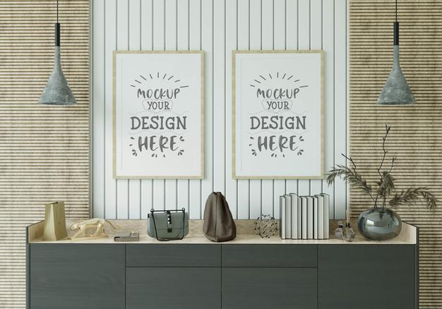Free Poster Frame In Living Room Mockup Psd