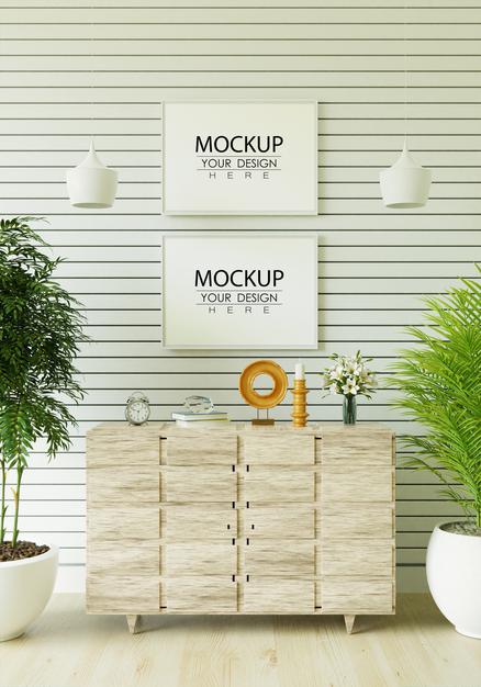 Free Poster Frame In Living Room Mockup Psd