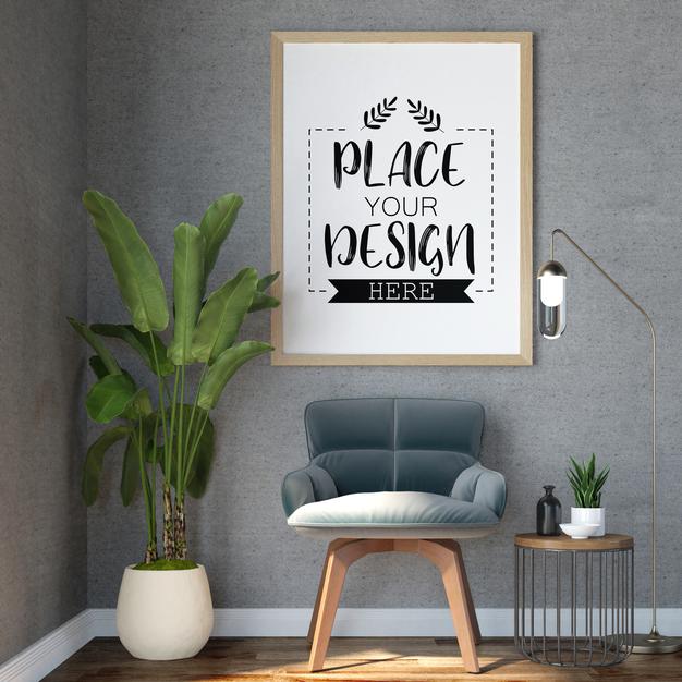 Free Poster Frame In Living Room Mockup Psd