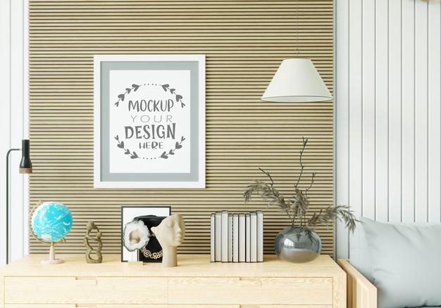 Free Poster Frame In Living Room Mockup Psd