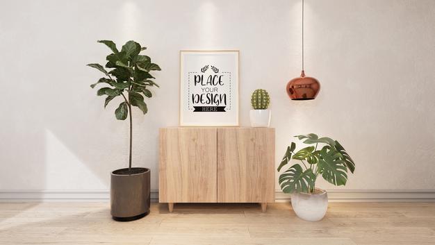 Free Poster Frame In Living Room Mockup Psd