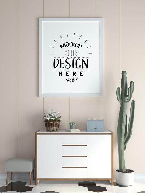Free Poster Frame In Living Room Mockup Psd