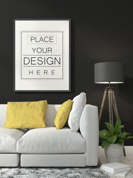 Free Poster Frame In Living Room Mockup Psd