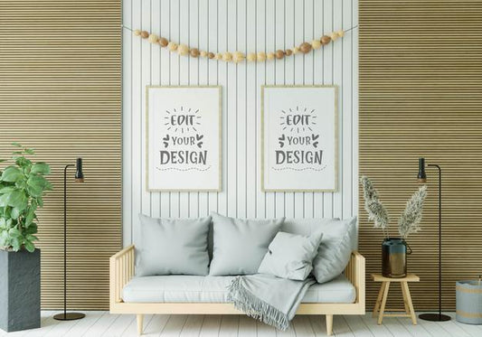 Free Poster Frame In Living Room Mockup Psd