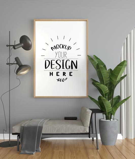 Free Poster Frame In Living Room Psd Mockup Psd